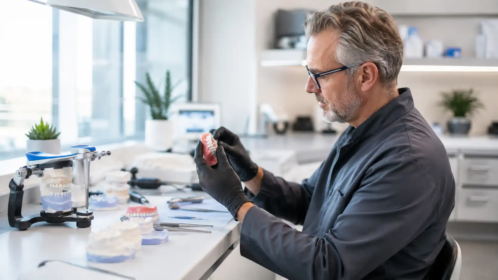 Licensed denturist repairing a cracked denture at Natural Dentures' on-site Oregon lab